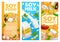 Soy food products, vegetarian milk vector posters