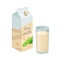 Soy milk package and soy milk in glass. Soybean product - vector illustration isolated on white background.
