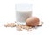 Soy milk, soy bean and egg protein nutrient set isolated on whit