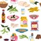 Soy products seamless pattern. Repeated soybean food, cartoon vegan tofu, noodles, sauce and milk, green proteins. Decor