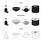 Soy sauce, noodles, kettle.rolls.Sushi set collection icons in black,monochrome,outline style vector symbol stock