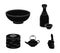 Soy sauce, noodles, kettle.rolls.Sushi set collection icons in black style vector symbol stock illustration web.