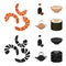 Soy sauce, noodles, kettle.rolls.Sushi set collection icons in cartoon,black style vector symbol stock illustration web.