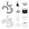 Soy sauce, noodles, kettle.rolls.Sushi set collection icons in outline,monochrome style vector symbol stock illustration