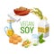 Soya beans, soy milk and oil, tofu, tempeh, meat