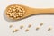 Soybean legume. Healthy grains on a wooden spoon. White background.