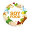 Soybeans, soy milk, oil, tofu and soya sauce icon