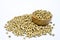 Soybeans in wooden bowl and  Pile of Soybeans on white background.