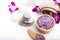 Spa accessories aromatic candle,orchid flower, salt scrub and towel
