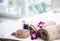 Spa accessories aromatic candle,orchid flower, salt scrub and towel