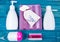 SPA accessories for hygenic and bath in a composition on a blue background.