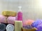 Spa accessories with Shampoo soap and shower cream bathroom products