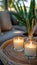 Spa ambiance lit candles and aromatic reed diffuser on table with soft focus background