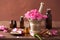 Spa aromatherapy set with rose flowers mortar spices