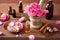 Spa and aromatherapy set with rose flowers mortar and spices