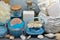 SPA - Aromatic sea salt and scented soap, scented candles and massage oil and accessories for massage and bath