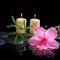 spa background of delicate pink hibiscus, green tendril passionflower, candles and zen stones with drops in reflection