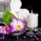 spa background of orchid dendrobium, green leaf Calla lily, candle, towels and beads on zen stones with drops, closeup