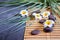 Spa background, white plumeria, bamboo branches and zen stones balance, relaxation concept