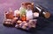 Spa and bathroom accessories: handmade soap, sea salt, aroma oils, candles and other products for spa treatments.