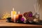 Spa, beauty treatment and wellness background with massage stone, orchid flowers, towels and burning candles