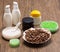 Spa and cellulite busting products on wooden surface