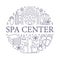 Spa center banner illustration with flat line icons. Essential oils, aromatherapy massage, turkish steam bath hamam