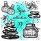 Spa collection. Hand-drawn beautiful elements in linear style. Isolated vector illustration. Natural cosmetics, aroma, oil.