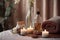 Spa composition with aromatic oil, candles and stones on table, AI generative content