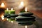 Spa composition with aromatic oil, candles and stones on table, AI generative content