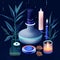 Spa composition with bottles, candles and plants. Vector illustration. AI Generated