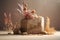 Spa composition with dried flowers and stones displat stand on light background, closeup.