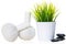 spa composition fabric massage bags, stones and plant on a white