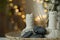 Spa composition. Herbal bags, stones, reed diffuser and dry lavender flowers in wicker tray indoors, bokeh effect