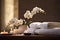 Spa composition with white orchids, towels and candles. Beauty, health and relaxation concept. Close-up photo. Generative AI