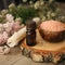 Spa composition on wooden table. Natural aroma oil, sea salt on rustic wooden background. Healthy skin care. SPA concept. Top view