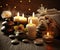 Spa concept, candles, towels, massage stones, soft light. Generated by AI technology