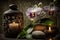 Spa concept, candles, towels, massage stones, soft light. Generated by AI technology