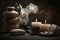 Spa concept, candles, towels, massage stones, soft light. Generated by AI technology