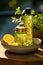 Spa concept with a plate, green-yellow cream jar, lemon, and yellow shampoo bottle, surrounded by fragrant plants, exuding a