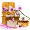 Spa concept. Twig orchid, boxes with salt and other accessories.