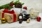 Spa concept, wellness objects on wood plant , christmas background. Present holiday