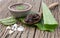 Spa concept on wood background, Amazing Benefits of Aloe Vera for Hair, Skin and Weight-Loss. Another part of the aloe vera plant