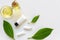 Spa cosmetic products organic green concept, spa beautiful massage on white background top view and copy space for text, Thai Spa