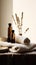 Spa essentials with amber bottles and a cozy towel, wheat stalks, for natural wellness atmosphere