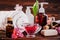 Spa essentials including natural oils, salt, soap and candle. Organic cosmetics concept