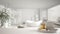 Spa, hotel bathroom concept. White table top or shelf with bathing accessories, toiletries, over blurred large minimalist bathroom