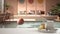 Spa, hotel bathroom concept. White table top or shelf with bathing accessories, toiletries, over blurred luxury colored lounge