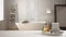 Spa, hotel bathroom concept. White table top or shelf with bathing accessories, toiletries, over blurred scandinavian bathroom, mo