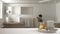 Spa, hotel bathroom concept. White table top or shelf with bathing accessories, toiletries, over blurred wooden minimalist bathroo